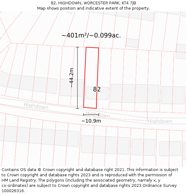 82, HIGHDOWN, WORCESTER PARK, KT4 7JB: Plot and title map