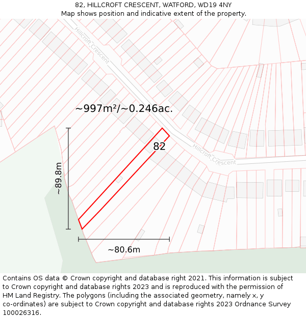 82, HILLCROFT CRESCENT, WATFORD, WD19 4NY: Plot and title map