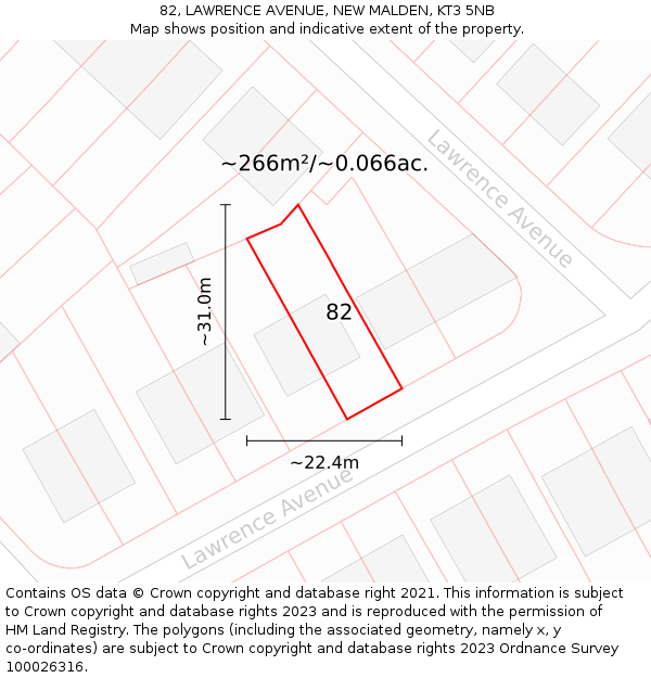 82, LAWRENCE AVENUE, NEW MALDEN, KT3 5NB: Plot and title map