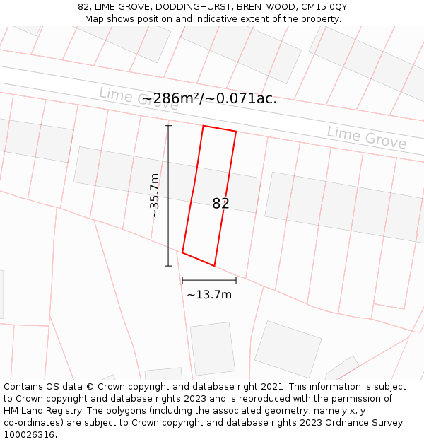 82, LIME GROVE, DODDINGHURST, BRENTWOOD, CM15 0QY: Plot and title map