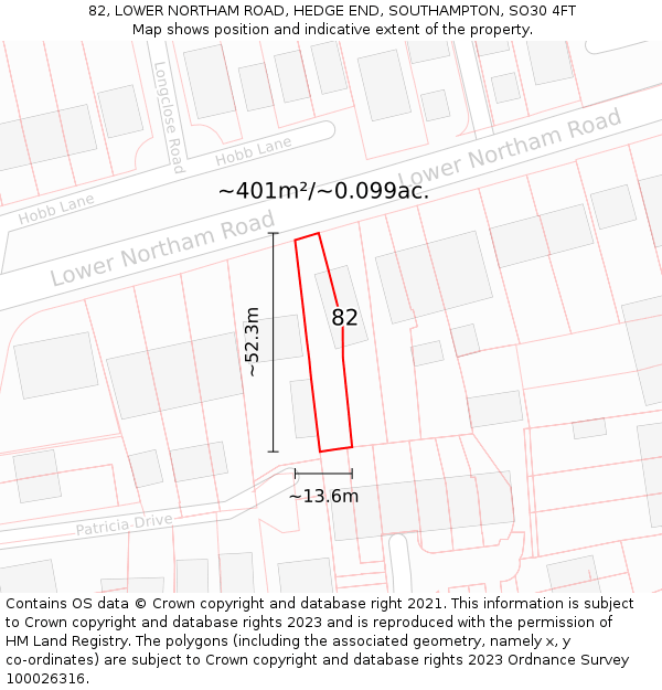 82, LOWER NORTHAM ROAD, HEDGE END, SOUTHAMPTON, SO30 4FT: Plot and title map