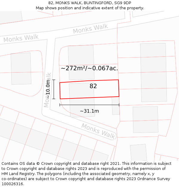 82, MONKS WALK, BUNTINGFORD, SG9 9DP: Plot and title map