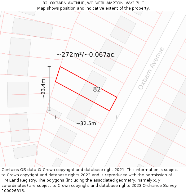 82, OXBARN AVENUE, WOLVERHAMPTON, WV3 7HG: Plot and title map