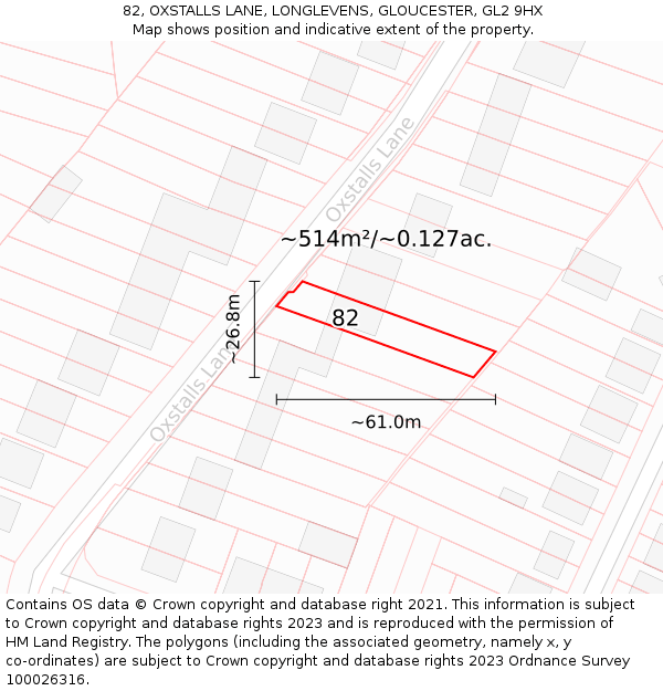 82, OXSTALLS LANE, LONGLEVENS, GLOUCESTER, GL2 9HX: Plot and title map