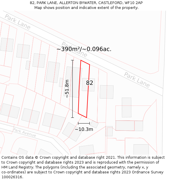 82, PARK LANE, ALLERTON BYWATER, CASTLEFORD, WF10 2AP: Plot and title map
