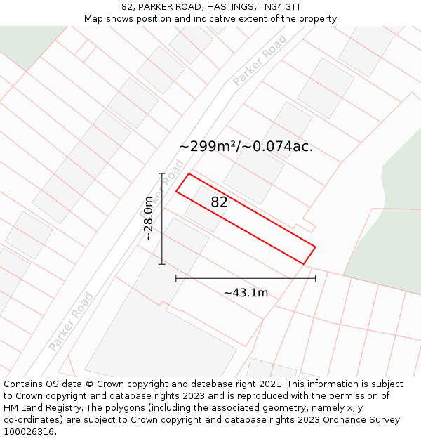 82, PARKER ROAD, HASTINGS, TN34 3TT: Plot and title map