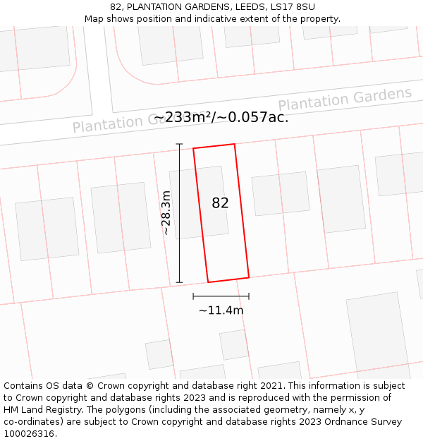 82, PLANTATION GARDENS, LEEDS, LS17 8SU: Plot and title map