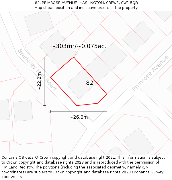 82, PRIMROSE AVENUE, HASLINGTON, CREWE, CW1 5QB: Plot and title map