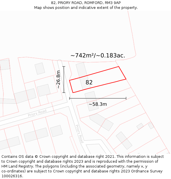 82, PRIORY ROAD, ROMFORD, RM3 9AP: Plot and title map