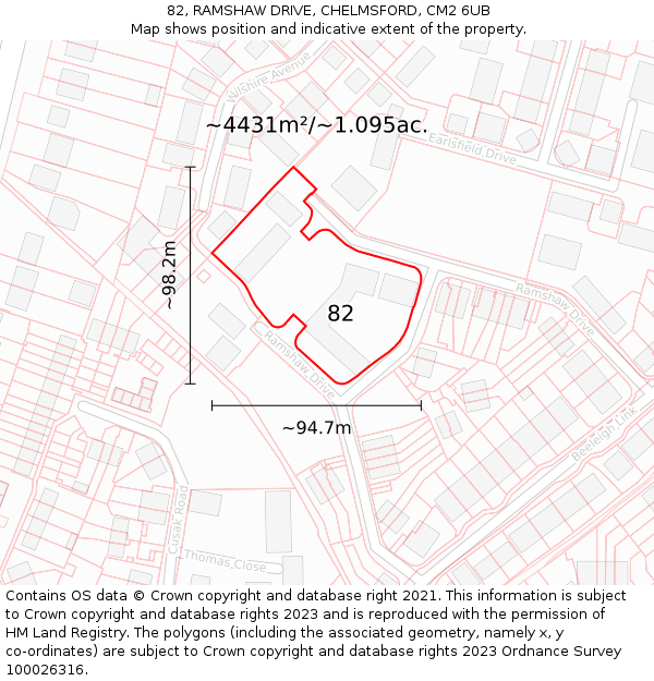 82, RAMSHAW DRIVE, CHELMSFORD, CM2 6UB: Plot and title map