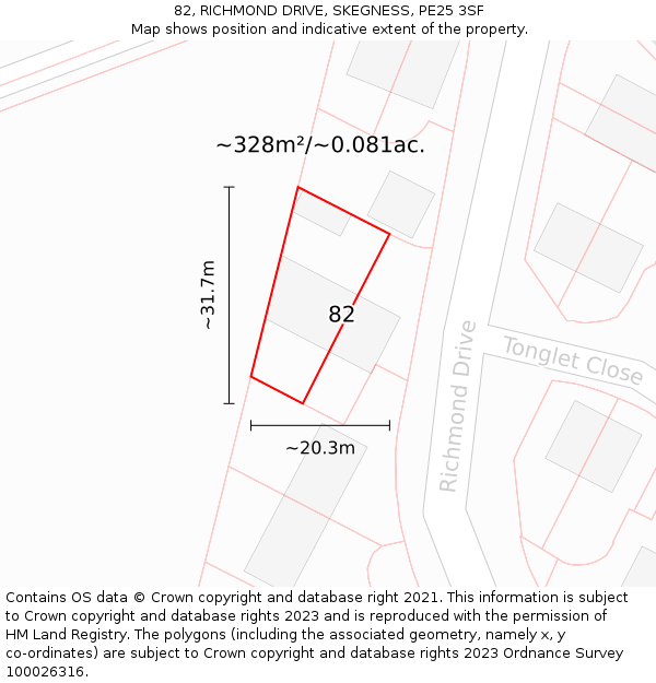 82, RICHMOND DRIVE, SKEGNESS, PE25 3SF: Plot and title map