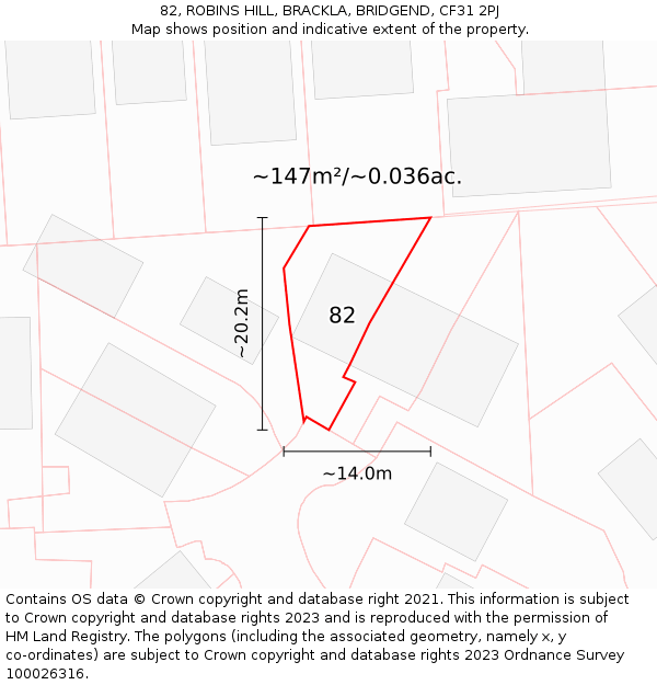 82, ROBINS HILL, BRACKLA, BRIDGEND, CF31 2PJ: Plot and title map