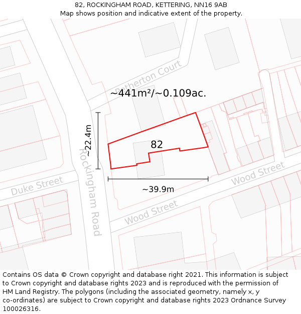 82, ROCKINGHAM ROAD, KETTERING, NN16 9AB: Plot and title map