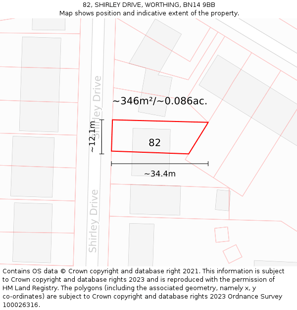 82, SHIRLEY DRIVE, WORTHING, BN14 9BB: Plot and title map