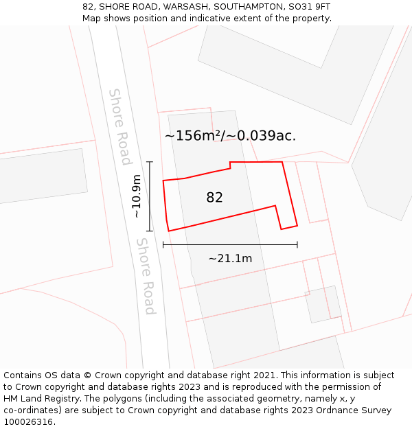 82, SHORE ROAD, WARSASH, SOUTHAMPTON, SO31 9FT: Plot and title map