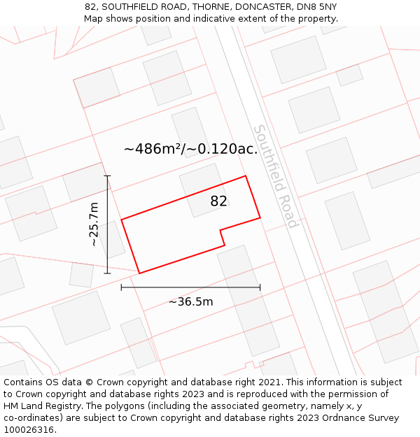 82, SOUTHFIELD ROAD, THORNE, DONCASTER, DN8 5NY: Plot and title map