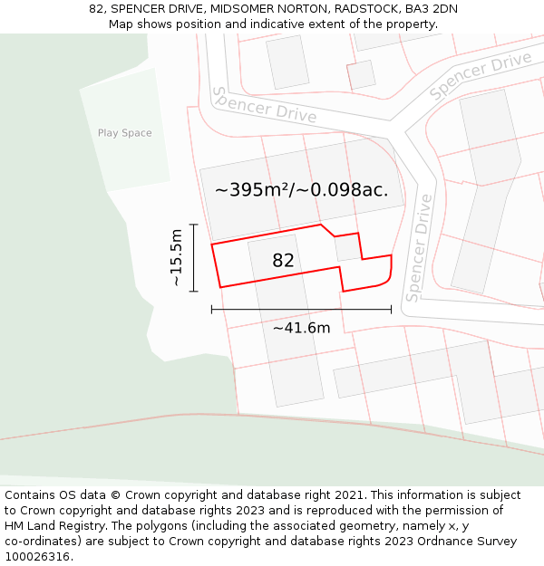 82, SPENCER DRIVE, MIDSOMER NORTON, RADSTOCK, BA3 2DN: Plot and title map