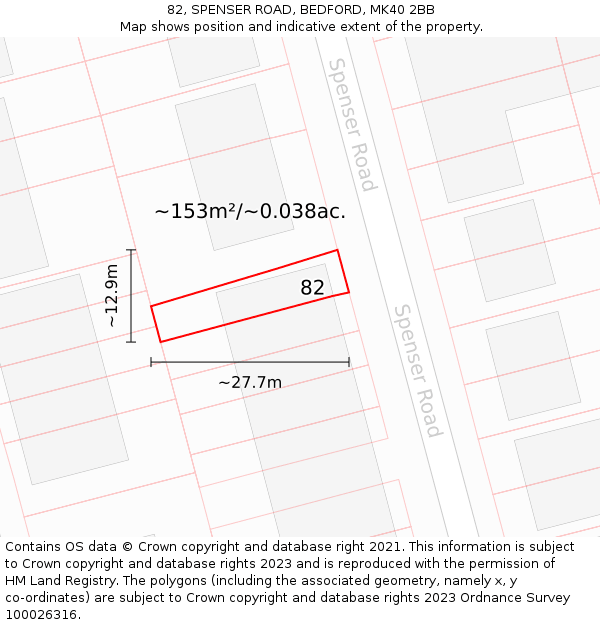 82, SPENSER ROAD, BEDFORD, MK40 2BB: Plot and title map