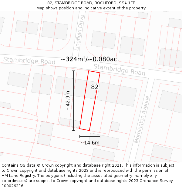 82, STAMBRIDGE ROAD, ROCHFORD, SS4 1EB: Plot and title map