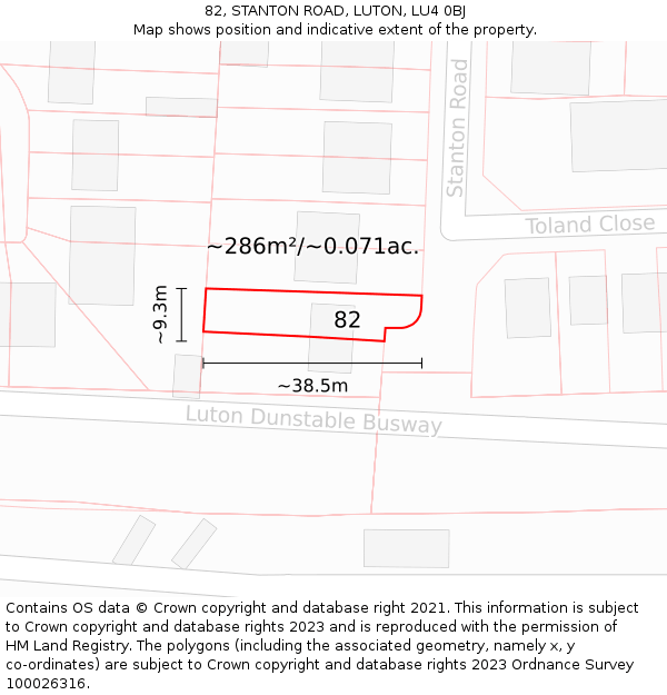 82, STANTON ROAD, LUTON, LU4 0BJ: Plot and title map