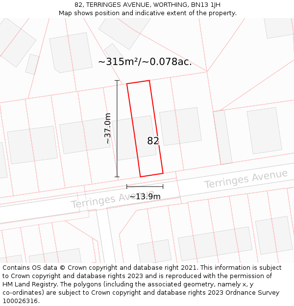 82, TERRINGES AVENUE, WORTHING, BN13 1JH: Plot and title map