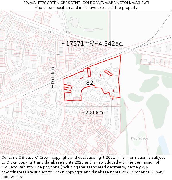 82, WALTERSGREEN CRESCENT, GOLBORNE, WARRINGTON, WA3 3WB: Plot and title map