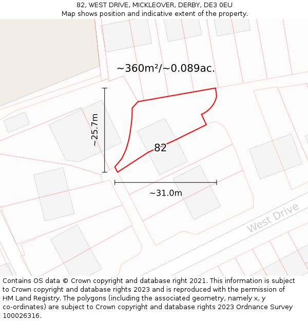 82, WEST DRIVE, MICKLEOVER, DERBY, DE3 0EU: Plot and title map