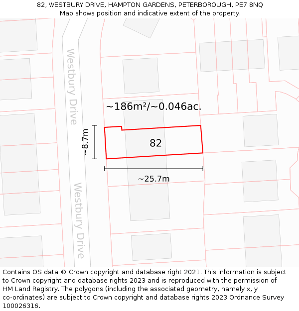 82, WESTBURY DRIVE, HAMPTON GARDENS, PETERBOROUGH, PE7 8NQ: Plot and title map