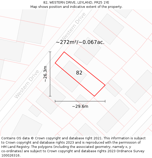 82, WESTERN DRIVE, LEYLAND, PR25 1YE: Plot and title map