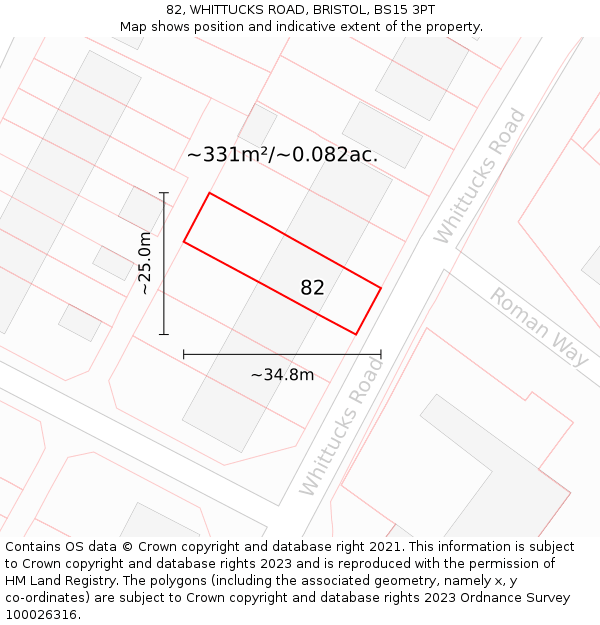 82, WHITTUCKS ROAD, BRISTOL, BS15 3PT: Plot and title map
