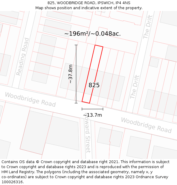 825, WOODBRIDGE ROAD, IPSWICH, IP4 4NS: Plot and title map