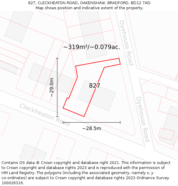 827, CLECKHEATON ROAD, OAKENSHAW, BRADFORD, BD12 7AD: Plot and title map