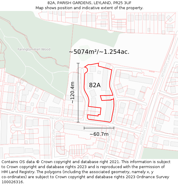 82A, PARISH GARDENS, LEYLAND, PR25 3UF: Plot and title map
