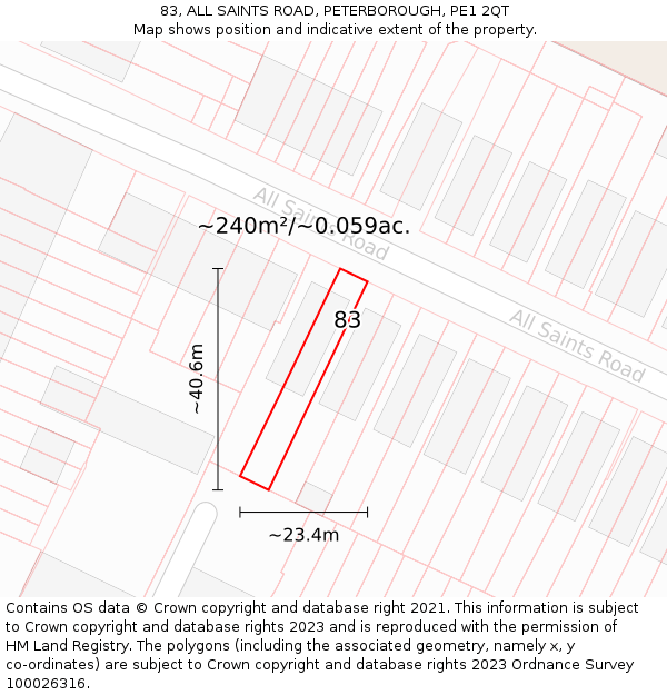 83, ALL SAINTS ROAD, PETERBOROUGH, PE1 2QT: Plot and title map