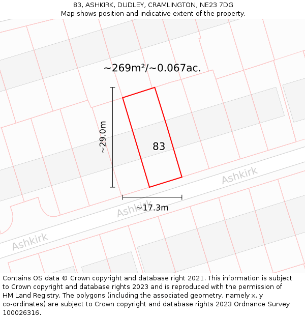 83, ASHKIRK, DUDLEY, CRAMLINGTON, NE23 7DG: Plot and title map