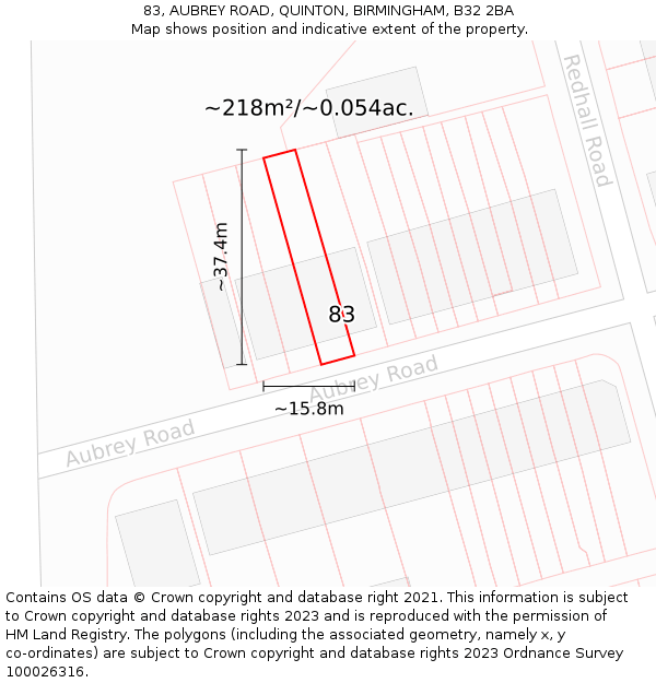 83, AUBREY ROAD, QUINTON, BIRMINGHAM, B32 2BA: Plot and title map