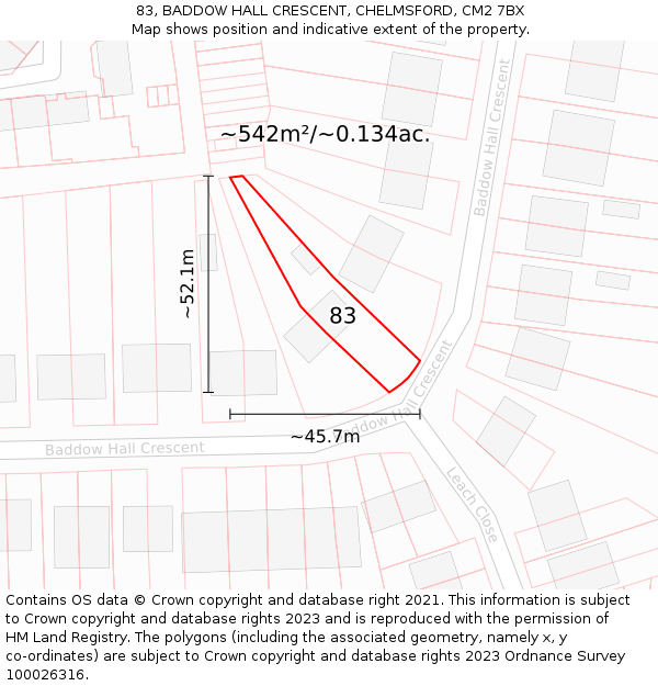 83, BADDOW HALL CRESCENT, CHELMSFORD, CM2 7BX: Plot and title map