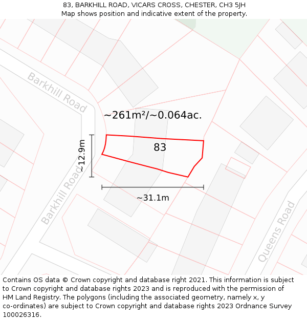 83, BARKHILL ROAD, VICARS CROSS, CHESTER, CH3 5JH: Plot and title map
