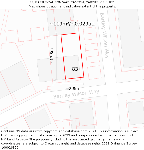 83, BARTLEY WILSON WAY, CANTON, CARDIFF, CF11 8EN: Plot and title map