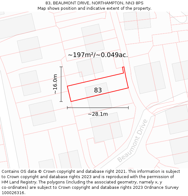 83, BEAUMONT DRIVE, NORTHAMPTON, NN3 8PS: Plot and title map