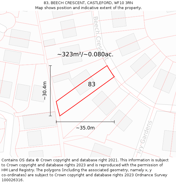 83, BEECH CRESCENT, CASTLEFORD, WF10 3RN: Plot and title map