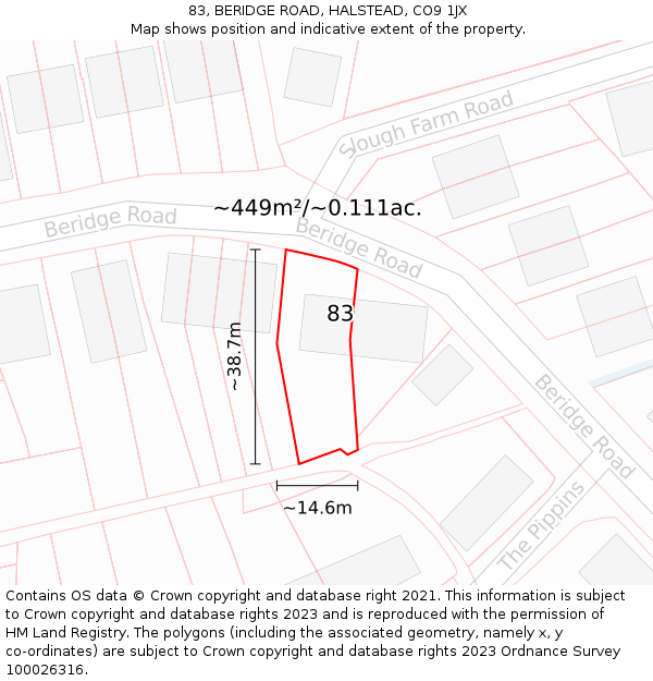 83, BERIDGE ROAD, HALSTEAD, CO9 1JX: Plot and title map