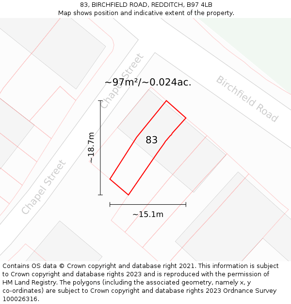 83, BIRCHFIELD ROAD, REDDITCH, B97 4LB: Plot and title map