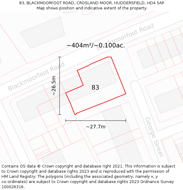 83, BLACKMOORFOOT ROAD, CROSLAND MOOR, HUDDERSFIELD, HD4 5AP: Plot and title map