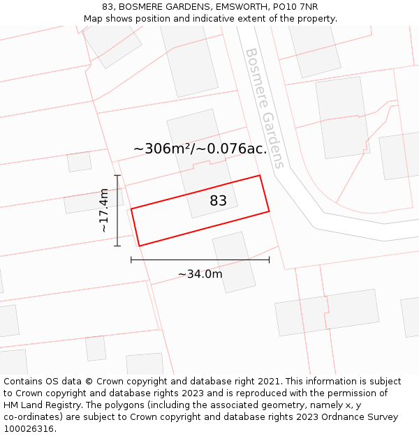 83, BOSMERE GARDENS, EMSWORTH, PO10 7NR: Plot and title map