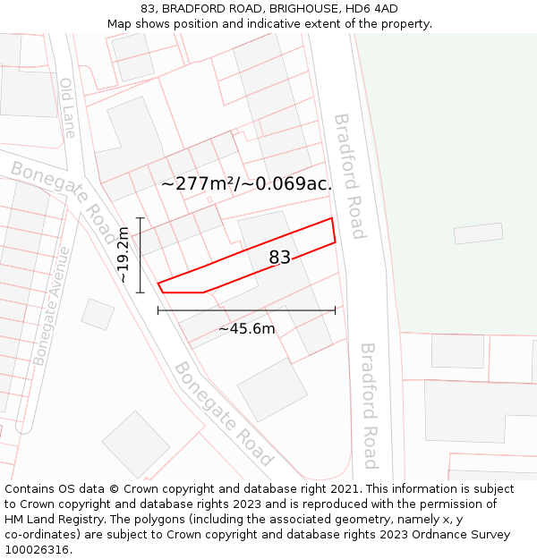 83, BRADFORD ROAD, BRIGHOUSE, HD6 4AD: Plot and title map