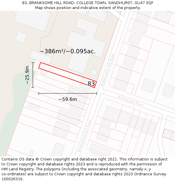 83, BRANKSOME HILL ROAD, COLLEGE TOWN, SANDHURST, GU47 0QF: Plot and title map