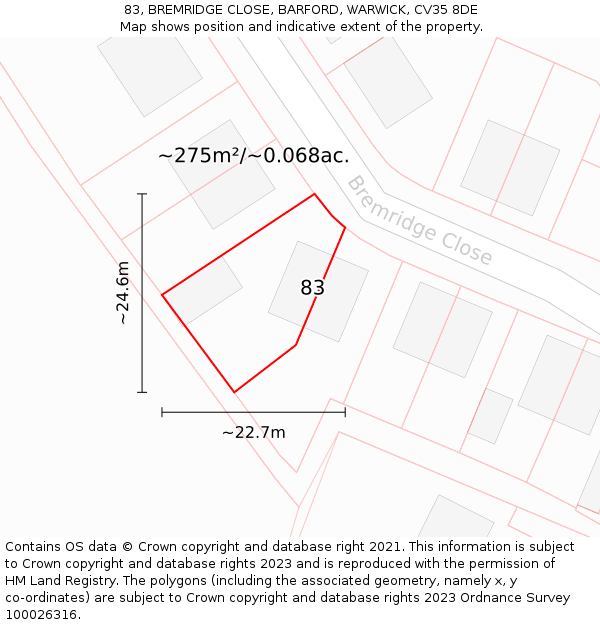 83, BREMRIDGE CLOSE, BARFORD, WARWICK, CV35 8DE: Plot and title map