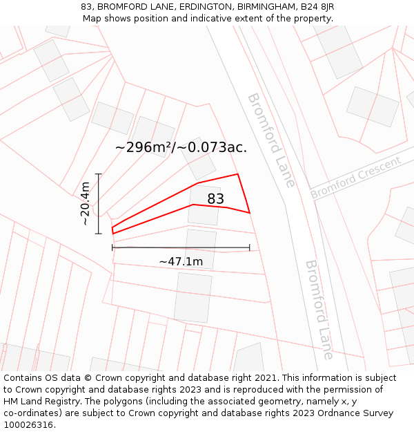83, BROMFORD LANE, ERDINGTON, BIRMINGHAM, B24 8JR: Plot and title map
