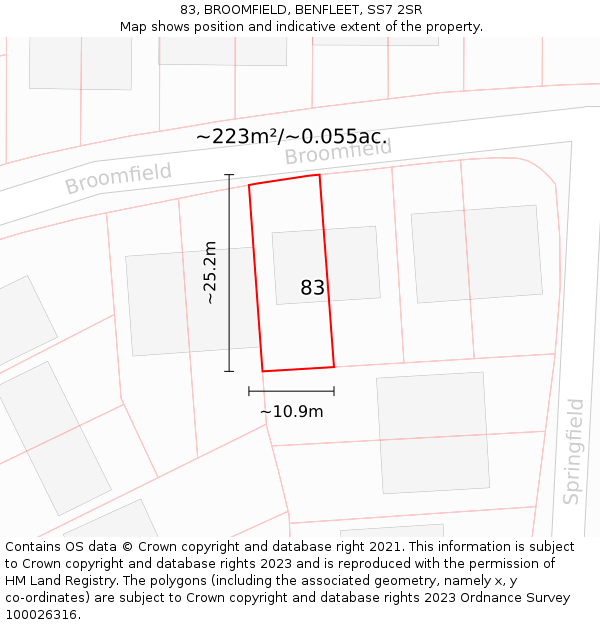 83, BROOMFIELD, BENFLEET, SS7 2SR: Plot and title map